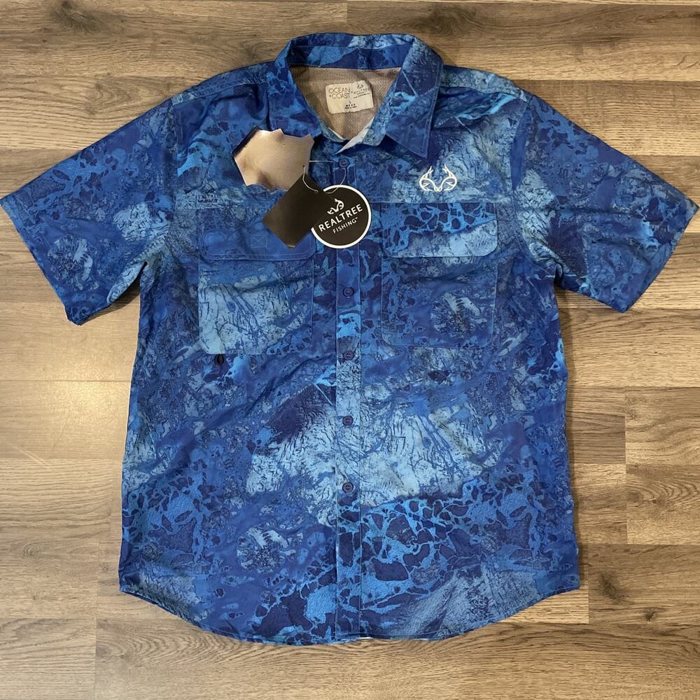 Ocean Coast x Realtree Fishing Shirt Men Large L Blue Camo Short Sleeve NWT